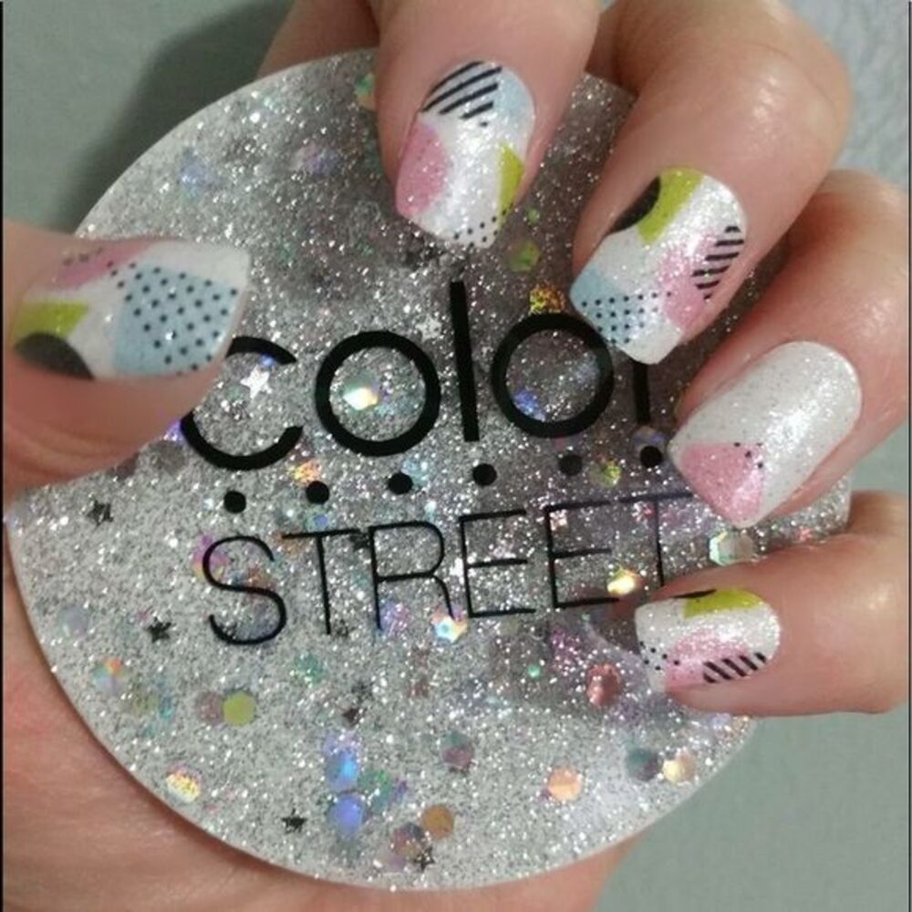 Color Street, No Duh, glittery set of stripes, dots and 90’s design, nail strips